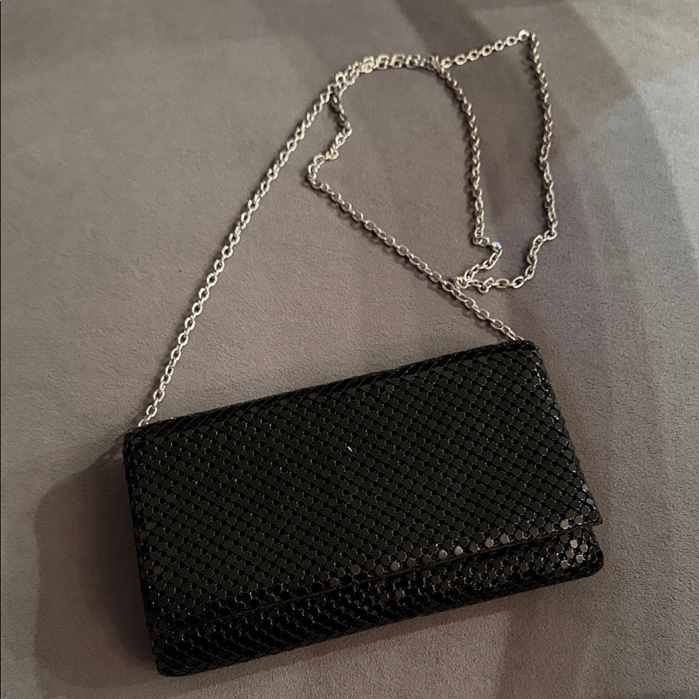 Jessica McClintock Black Textured Clutch with Silver Chain
